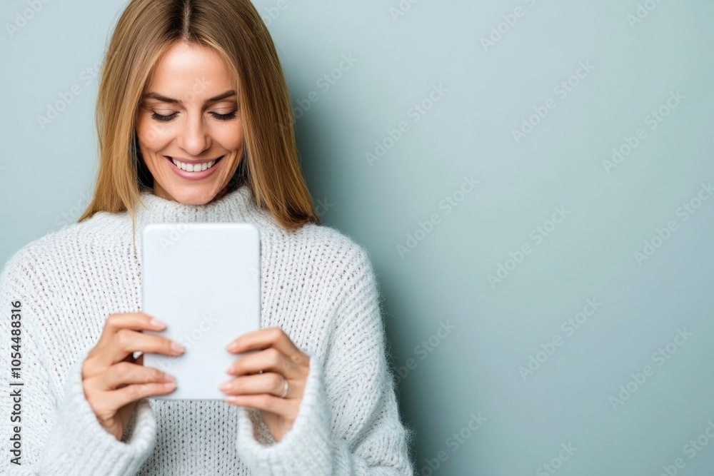 Smiling woman in cozy sweater using tablet against light background Smiling woman in cozy sweater using tablet against light background