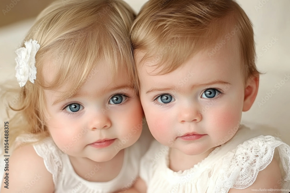 Adorable twin babies with blue eyes and matching dresses Adorable twin babies with blue eyes and matching dresses