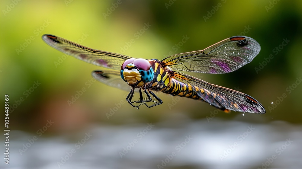 A vibrant dragonfly with intricate wings in mid-flight, its colors pop against the soft green background. A vibrant dragonfly with intricate wings in mid-flight, its colors pop against the soft green background.