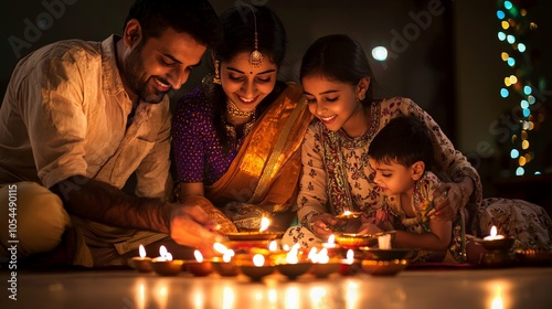 Family performing Diwali rituals at home, with candles and diyas creating a warm, inviting glow photo