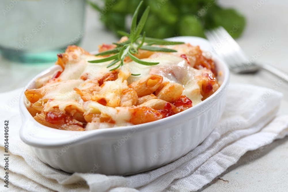 Delicious al forno pasta in baking dish on light table, closeup