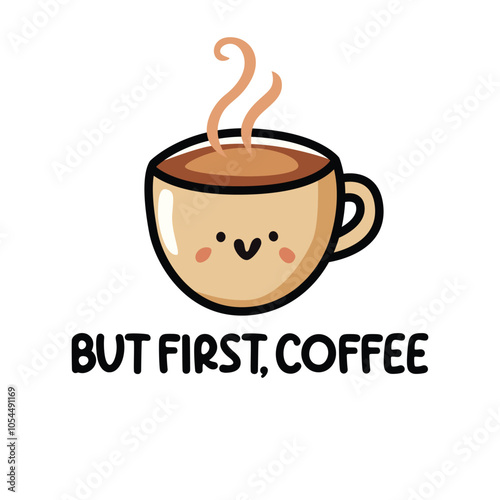 Playful coffee cup clip art featuring the phrase "But First, Coffee." A fun and trendy design perfect for coffee shops, mugs, and social media posts.