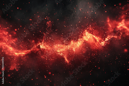 Vibrant red nebula swirling in deep space, surrounded by bright stars and cosmic dust, creating a mesmerizing and mysterious cosmic landscape.