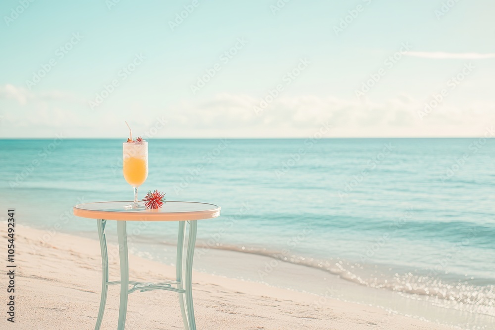 Summer beach cocktail on table with ocean backdrop Summer beach cocktail on table with ocean backdrop