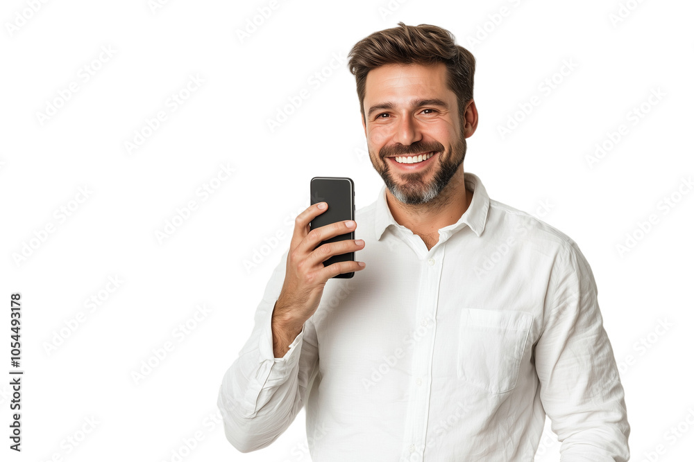 Smiling Man Holding Smartphone, Portrait Photography Smiling Man Holding Smartphone, Portrait Photography