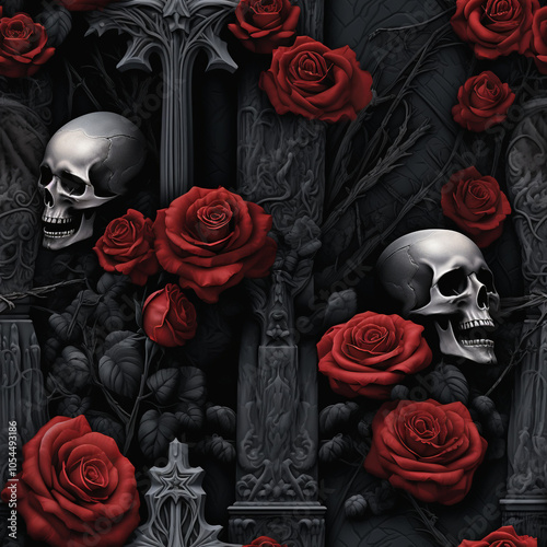 Gothic Floral Skull with Roses and Vines