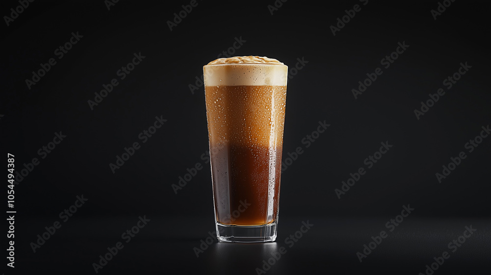 Tall Glass of Iced Coffee with Foam Against Dark Background Tall Glass of Iced Coffee with Foam Against Dark Background