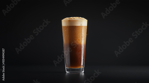 Tall Glass of Iced Coffee with Foam Against Dark Background