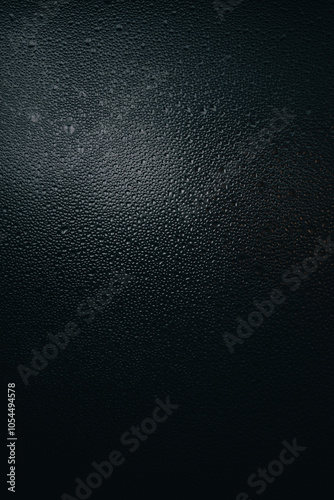 Bild auf Leinwand Small water droplets of various shapes cover a dark glass surface, softly backlit to create a textured, minimalistic effect