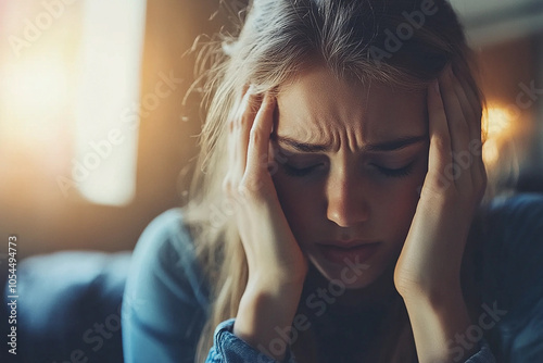 The young woman appears overwhelmed by stress, sitting in a softly lit room while pressing her hands against her forehead, lost in her thoughts during the evening