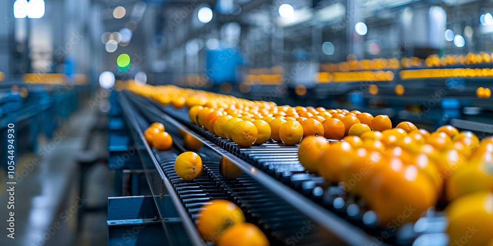 Fototapeta premium Oranges on conveyor in food processing factory,