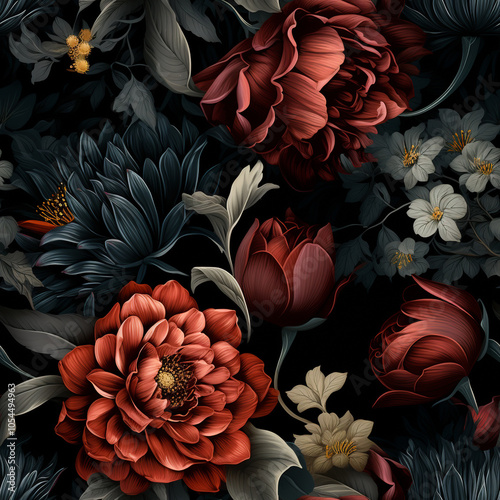 Gothic Assorted Floral Dark Moody Botanical Background