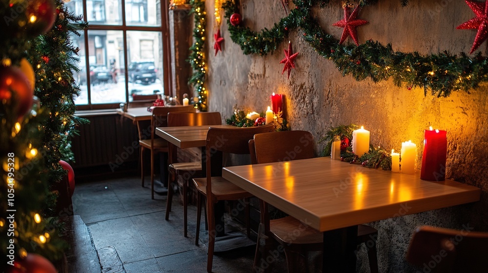 Cozy cafe interior with Christmas decorations and lit candles Cozy cafe interior with Christmas decorations and lit candles
