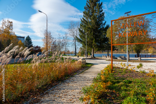 beautiful park on the shore of the reservoir in Kowary, Poland photo