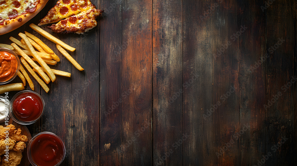 Assorted Fast Food Feast on Wooden Table , AI GENERAT Assorted Fast Food Feast on Wooden Table , AI GENERAT