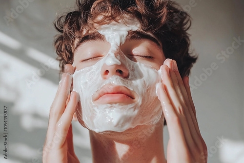 A young individual applies a creamy facial treatment with both hands while relaxing in a sunlit room, taking a moment for self-care and pampering photo