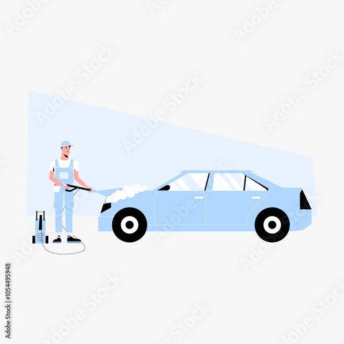 Car wash worker cleaning a car with water pressure in flat vector illustration symbolizing car cleaning, vehicle maintenance, and detailing, isolated on white background.