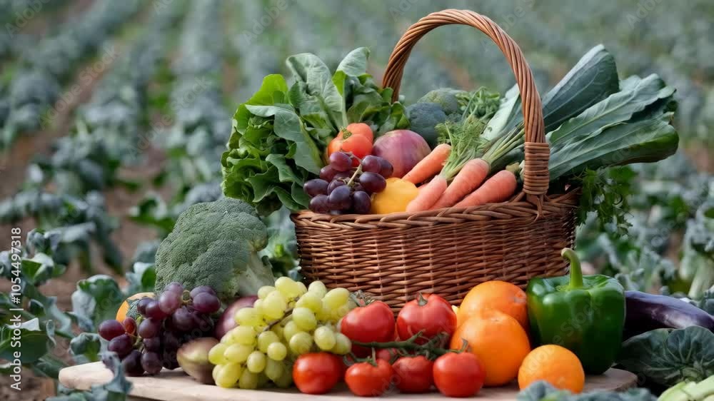 A basket filled with fresh vegetables and fruits set against a field backdrop. A basket filled with fresh vegetables and fruits set against a field backdrop.