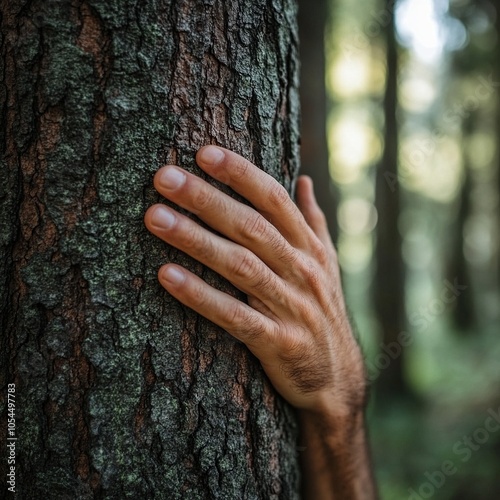 A hand gently resting on a sturdy tree trunk in an ancient forest, symbolizing environmental care amidst lush greenery and tranquil beauty.