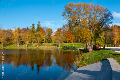 beautiful autumn landscape on shore of the reservoir in Kowary, Poland photo