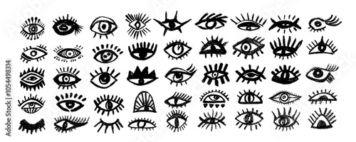 Vector collection hand drawn eyes in simple doodle style . Open black eyes hand-drawn with bold lines. Open and closed  eye  set. 