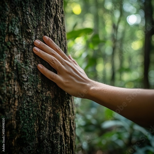 A hand gently resting on a sturdy tree trunk in an ancient forest, symbolizing environmental care amidst lush greenery and tranquil beauty.