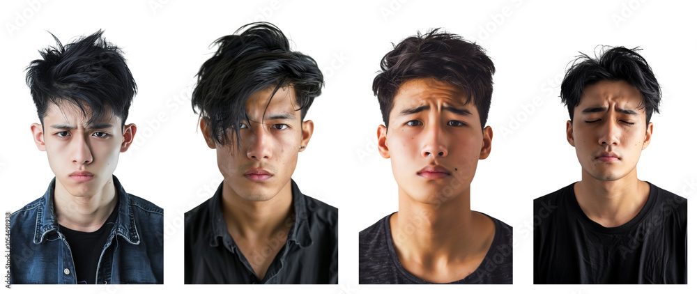 Portrait of young beautiful asian man with sad expression, isolated on transparent background, generative ai. Portrait of young beautiful asian man with sad expression, isolated on transparent background, generative ai.