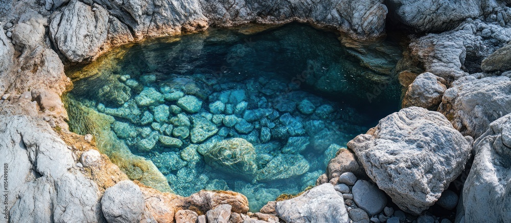 A small pool of crystal clear turquoise water nestled in a rocky crevice. A small pool of crystal clear turquoise water nestled in a rocky crevice.