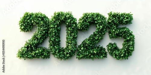 Typography design of "2025" made of green bushes, green eco concept, white background