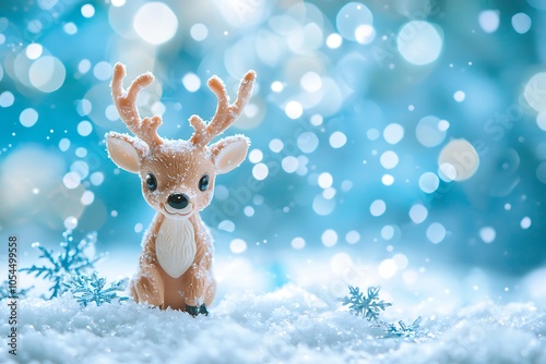 A playful reindeer toy sits in a snow-filled setting, surrounded by a backdrop of sparkling blue snowflakes.