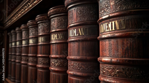 Antique leather-bound books on a wooden shelf, showcasing intricate designs and rich history. photo