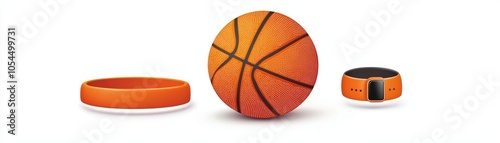 Basketball and hoop accessories on a white isolate background.