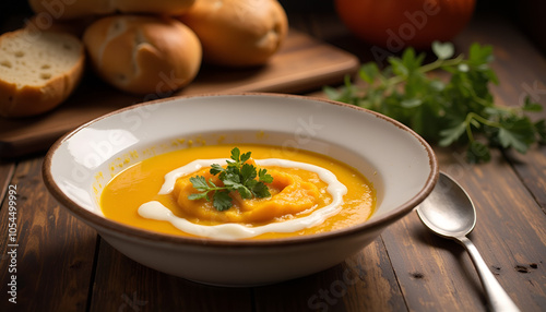 Creamy pumpkin soup garnished with herbs and swirl of cream in white bowl with bread on wooden table