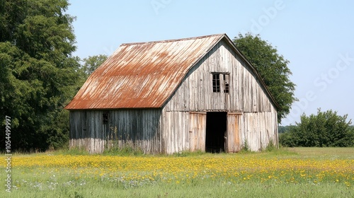 A weathered wooden barn with a rusty metal roof stands in a field of wildflowers.