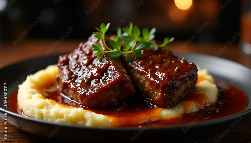 Savory meatloaf topped with rich sauce and served with creamy mashed potatoes on black plate Savory meatloaf topped with rich sauce and served with creamy mashed potatoes on black plate