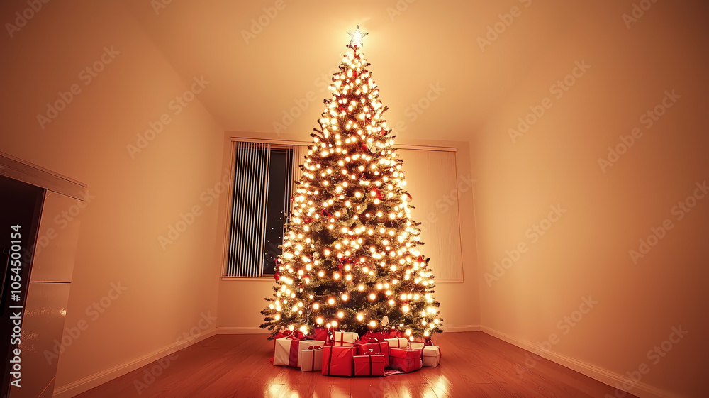 Fototapeta premium A beautifully decorated Christmas tree with presents underneath