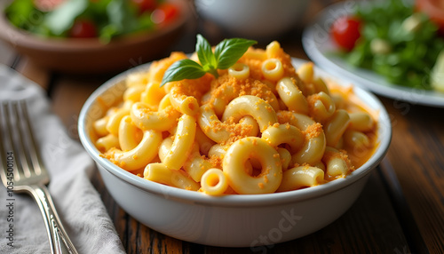 Creamy macaroni and cheese topped with breadcrumbs and basil in white bowl with salad on the side