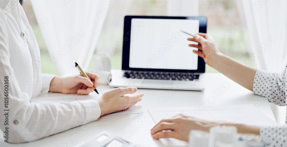 Two accountants using a laptop computer for counting taxes at white desk in office. Business Woman pointing into screen with a pen. Teamwork in business audit and finance Two accountants using a laptop computer for counting taxes at white desk in office. Business Woman pointing into screen with a pen. Teamwork in business audit and finance