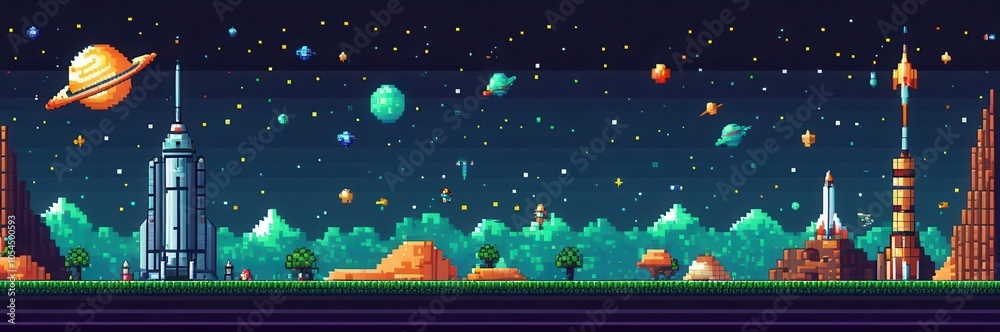 Fototapeta premium Stylish pixel space banner with bold colors and clean lines, great for social media headers or digital branding.