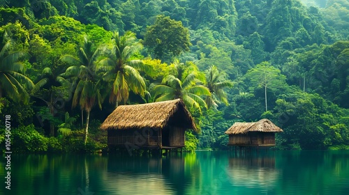 A couple of huts sitting on top of a body of water surrounded by trees