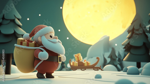 Santa Claus with a sack full of gifts in a North Pole/Lapland landscape with a sleigh in the background | Useful for Christmas Cards, celebrations, decorations. pictures |