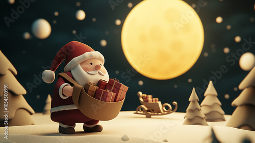 Santa Claus with a sack full of gifts in a North Pole/Lapland landscape with a sleigh in the background | Useful for Christmas Cards, celebrations, decorations. pictures |