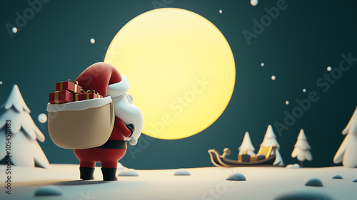 Santa Claus with a sack full of gifts in a North Pole/Lapland landscape with a sleigh in the background | Useful for Christmas Cards, celebrations, decorations. pictures |