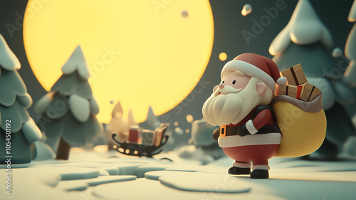 Santa Claus with a sack full of gifts in a North Pole/Lapland landscape with a sleigh in the background | Useful for Christmas Cards, celebrations, decorations. pictures |