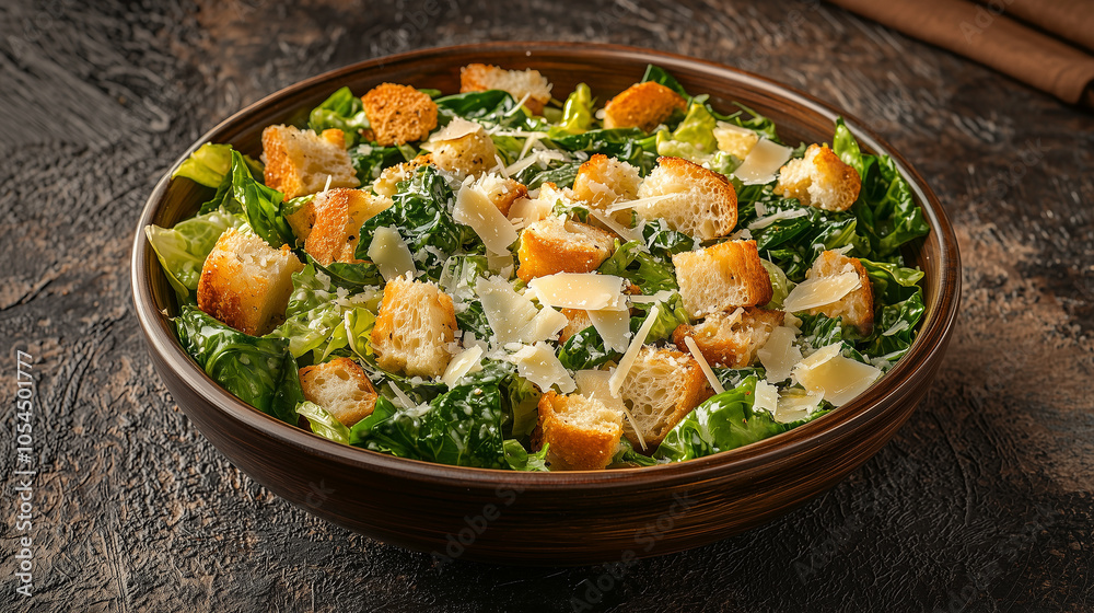 Classic Caesar Salad with Croutons and Parmesan in Wooden Bowl Classic Caesar Salad with Croutons and Parmesan in Wooden Bowl