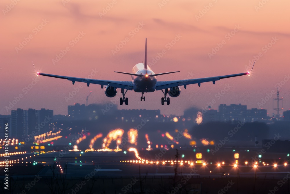 Commercial airliner passenger plane fly down over landing at sunset. Neural network ai generated art Commercial airliner passenger plane fly down over landing at sunset. Neural network ai generated art