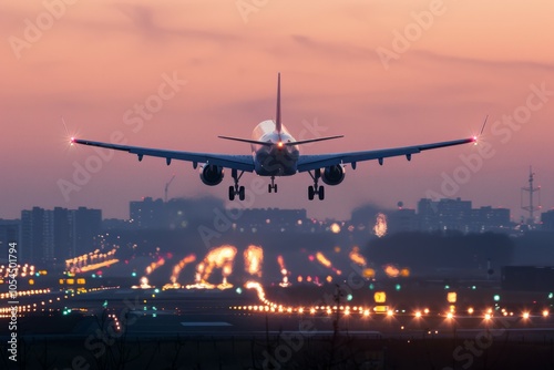 Commercial airliner passenger plane fly down over landing at sunset. Neural network ai generated art