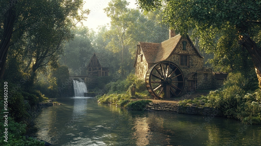 Fototapeta premium A quaint stone cottage with a water wheel sits beside a rushing stream and waterfall in a lush green forest.