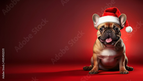 Christmas web banner of a cute brown French Bulldog wearing a Christmas hat on a red background. Copy space