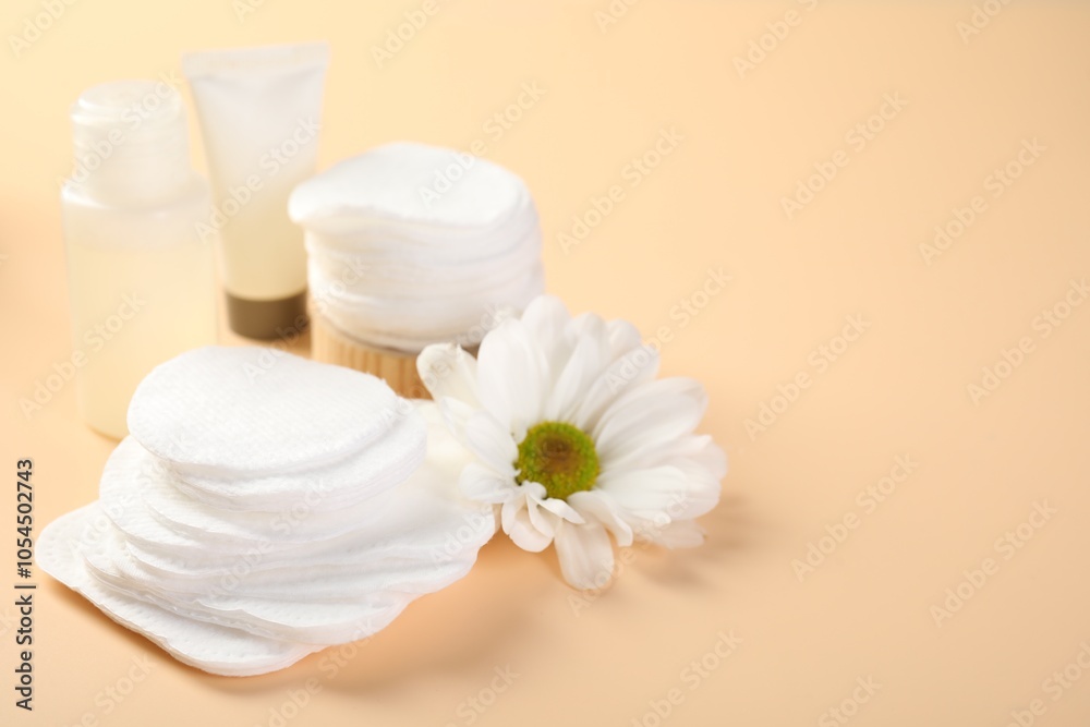 Cotton pads, cosmetic products and daisy flower on beige background, closeup. Space for text Cotton pads, cosmetic products and daisy flower on beige background, closeup. Space for text